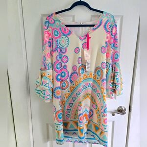 Julie Brown pink blue and cream Dress sz 12 NWT, Ruffle sleeves